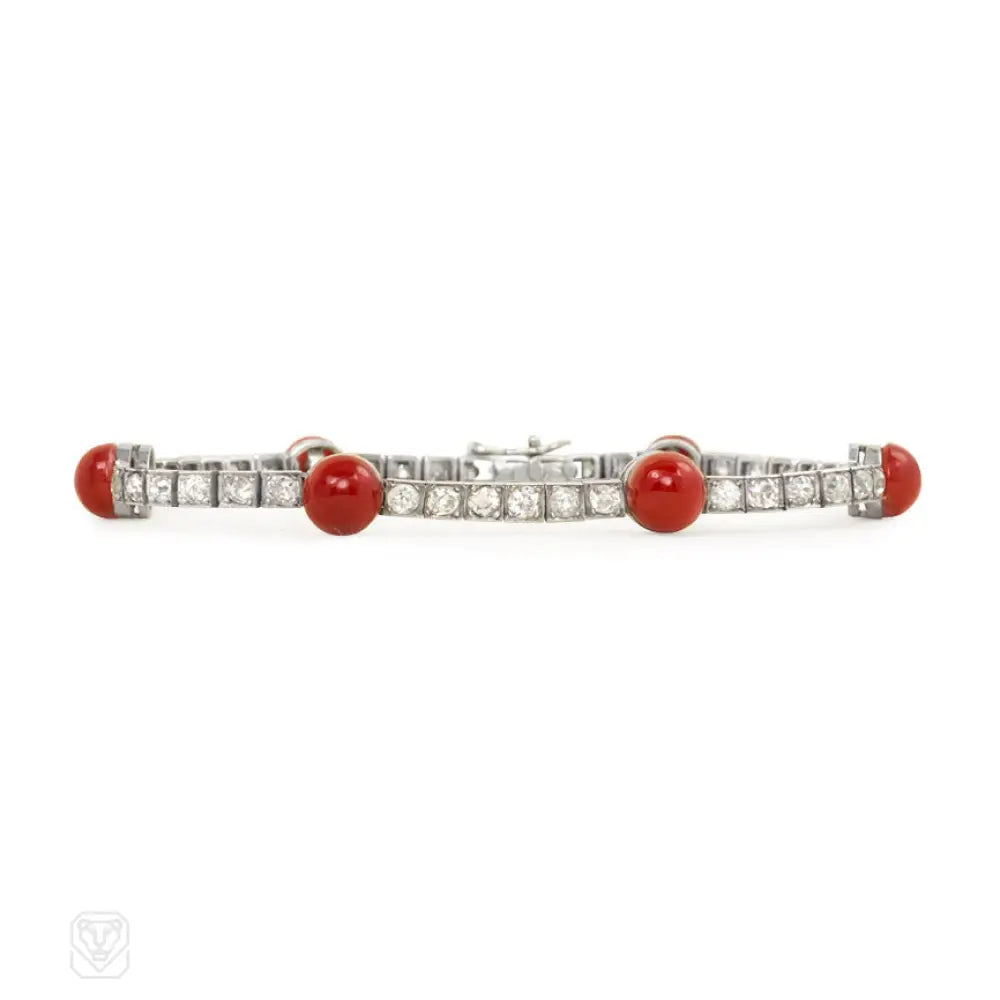 Women’s personalized bracelet-French Art Deco coral and diamond line bracelet