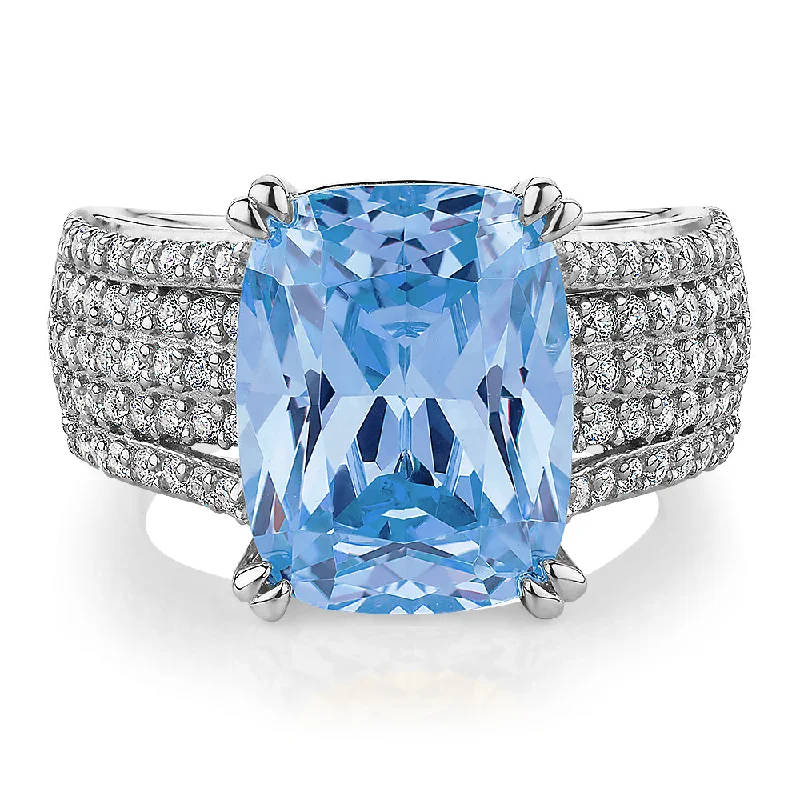 Women’s vintage-inspired rings-Dress ring with blue topaz simulant and 0.9 carats* of diamond simulants in sterling silver