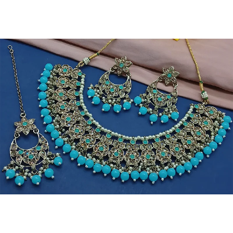 Women’s emerald necklaces-Gehana Mahal Gold Plated Crystal Stone Pearl And Beads Necklace Set