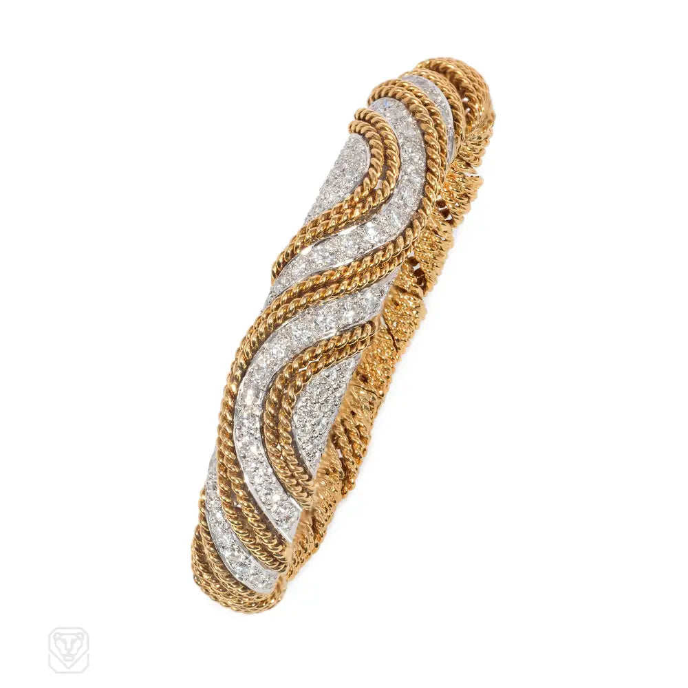 Women’s chic statement bracelet-Gold and undulating diamond motif bracelet