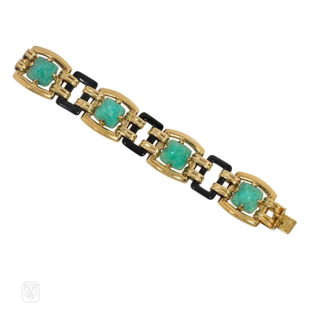 Women’s gold-plated bracelet-Ghiso Art Deco amazonite, onyx, and gold bracelet