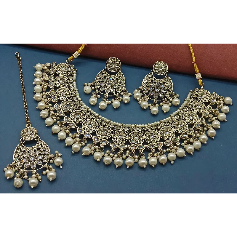 Women’s sterling silver necklaces-Gehana Mahal Gold Plated Crystal Stone Pearl And Beads Necklace Set