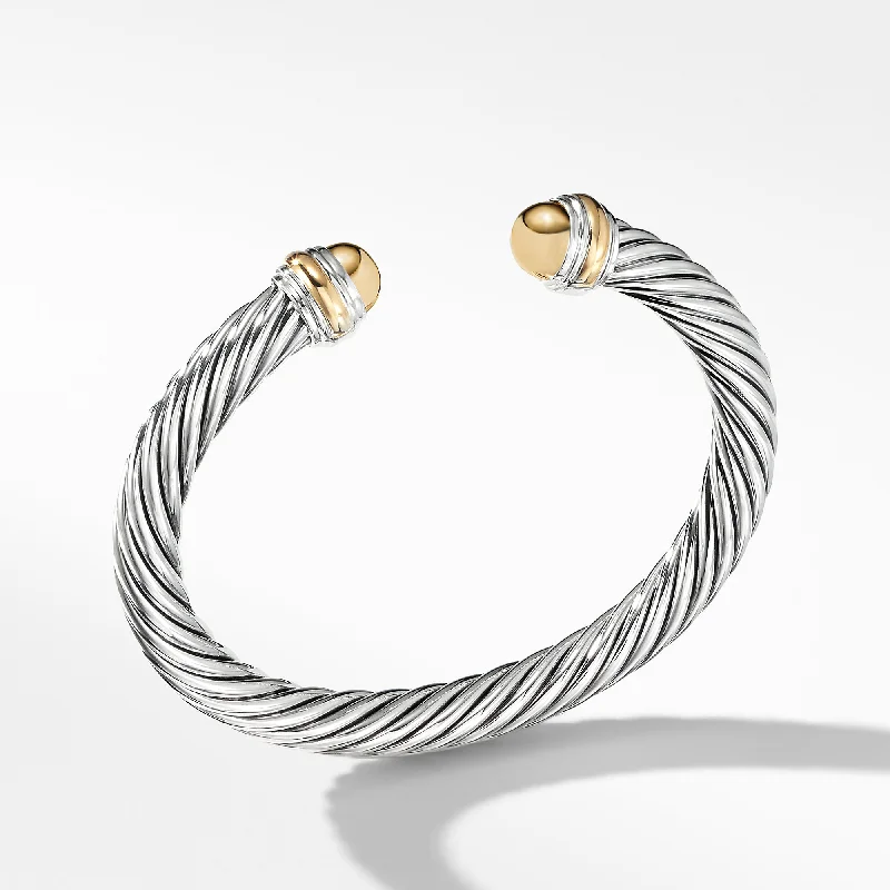 Women’s chunky cuff bracelet-Classic Cable Bracelet in Sterling Silver with 14K Yellow Gold Domes\, 7mm