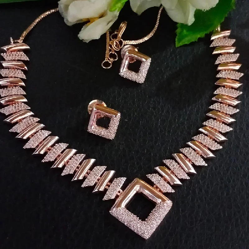 Women’s trendy necklaces-FS Collection Rose Gold Plated AD Stone Necklace Set