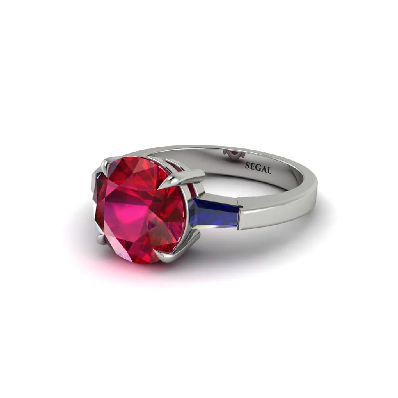 Women’s chic engagement ring-3 Stone Round Cut Ruby With 2 Baguettes Engagement Ring - Gwendolyn No. 72