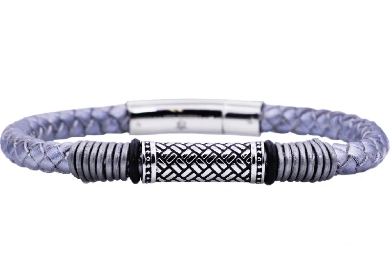 Women’s crystal bracelet-Mens Gray Leather Stainless Steel Bracelet