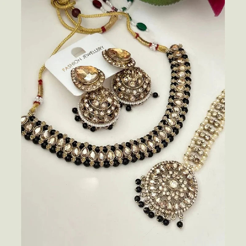 Women’s chunky necklaces-FS Collection Gold Plated Crystal Stone And Pearls Necklace Set