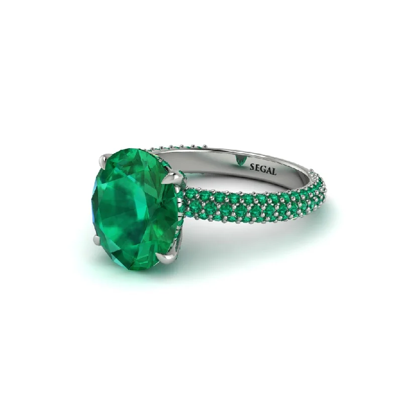 Women’s matching engagement ring and band-Oval Cut Emerald Classic Pave Engagement Ring - Irene No. 21