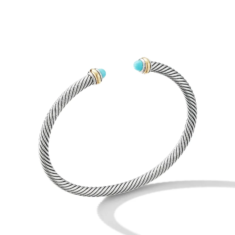 Women’s luxury bracelet-Classic Cable Bracelet in Sterling Silver with 18K Yellow Gold and Turquoise\, 4mm