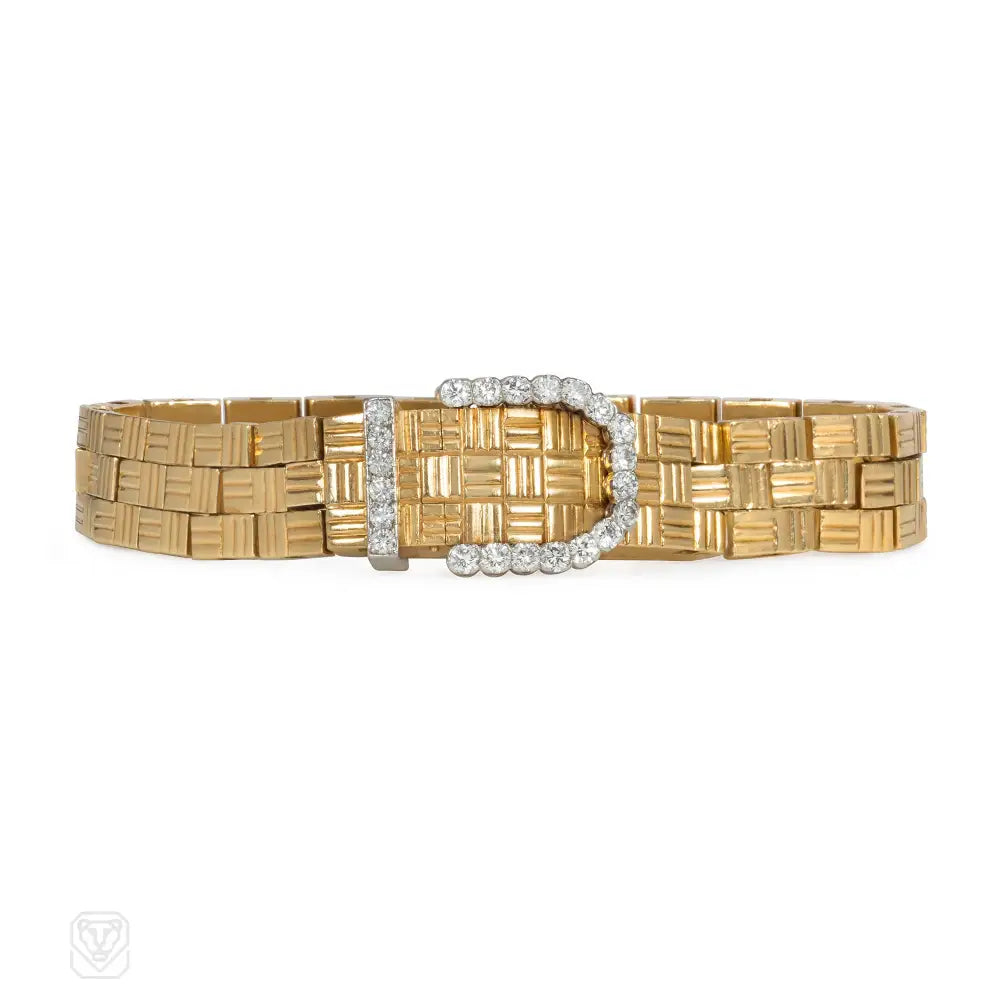 Women’s engraved gold bracelet-1950s Cartier gold and diamond bracelet watch