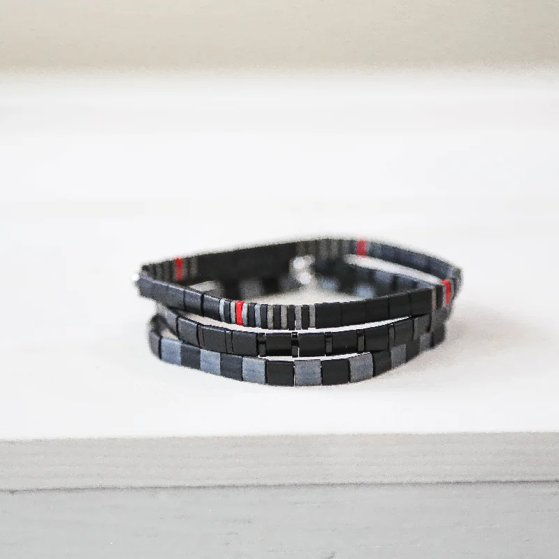 Women’s stacked bangles-THIN RED LINE in Black - FIREFIGHTER BRACELET